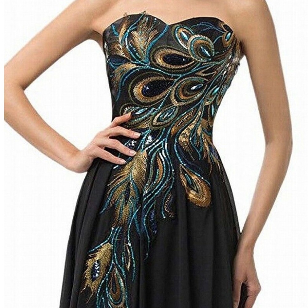 Strapless peacock sequin embellished gown